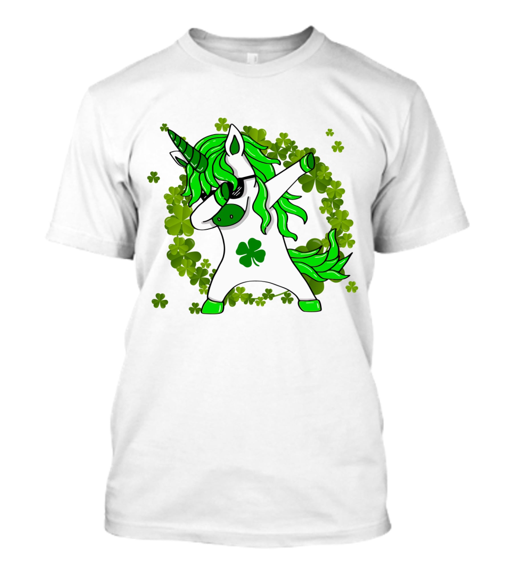 St. Patrick's Day Clover Unicorn Dabbing With Shamrock Mane Surrounded By Green Clovers T-Shirt