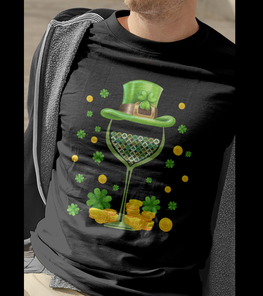 Patrick's Day Wine Glasses Leprechaun Hat Clover Coins T-Shirt
