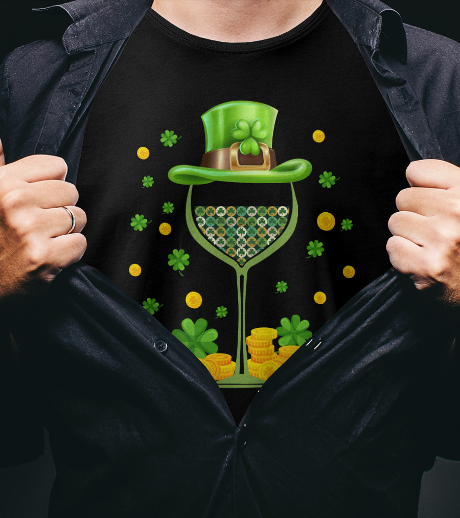 Patrick's Day Wine Glasses Leprechaun Hat Clover Coins T-Shirt