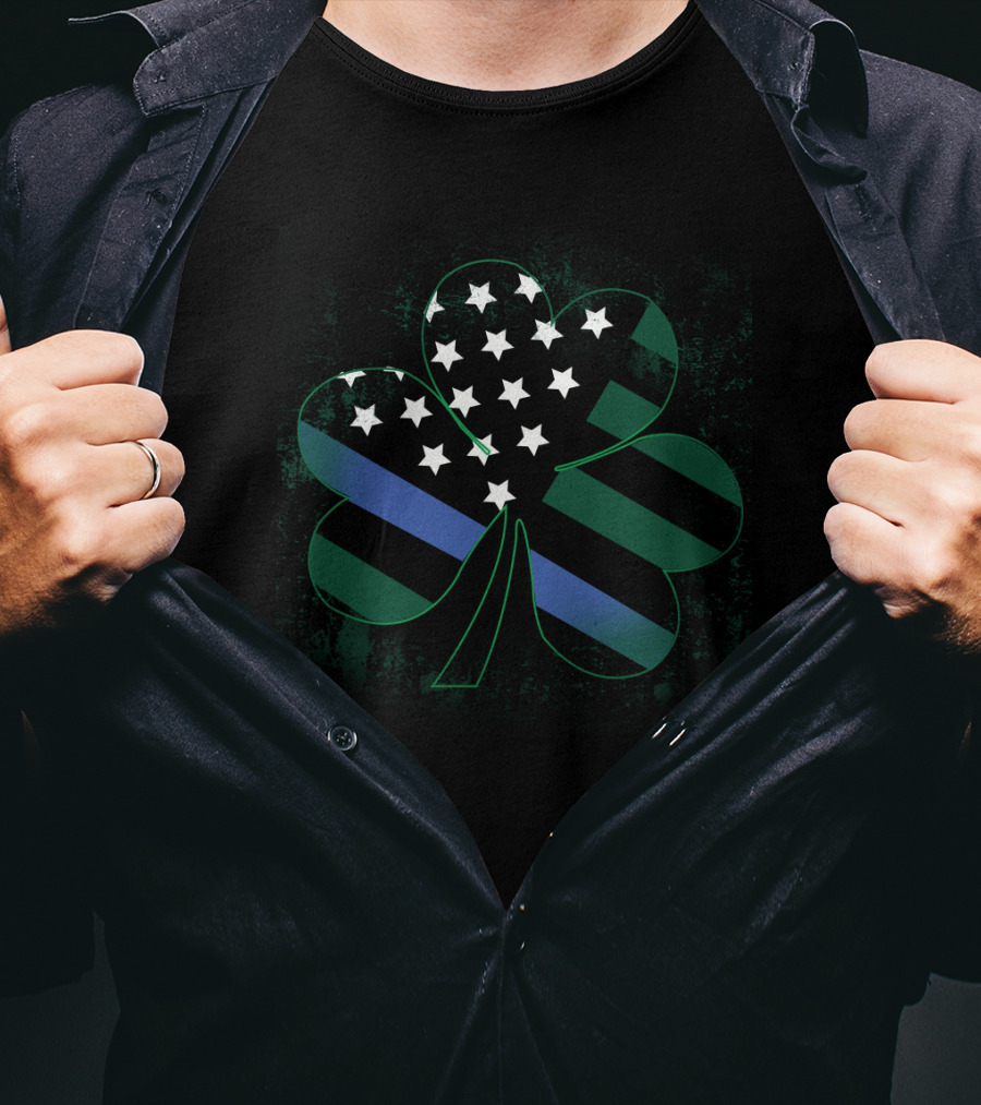 St Patrick's Day American Flag Shamrock Blue Line T-Shirt