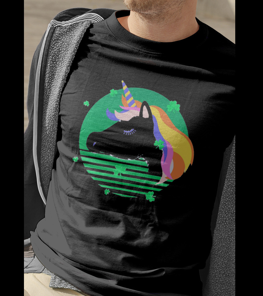 Rainbow Unicorn With Clover And Stripes St Patrick's Day T-Shirt