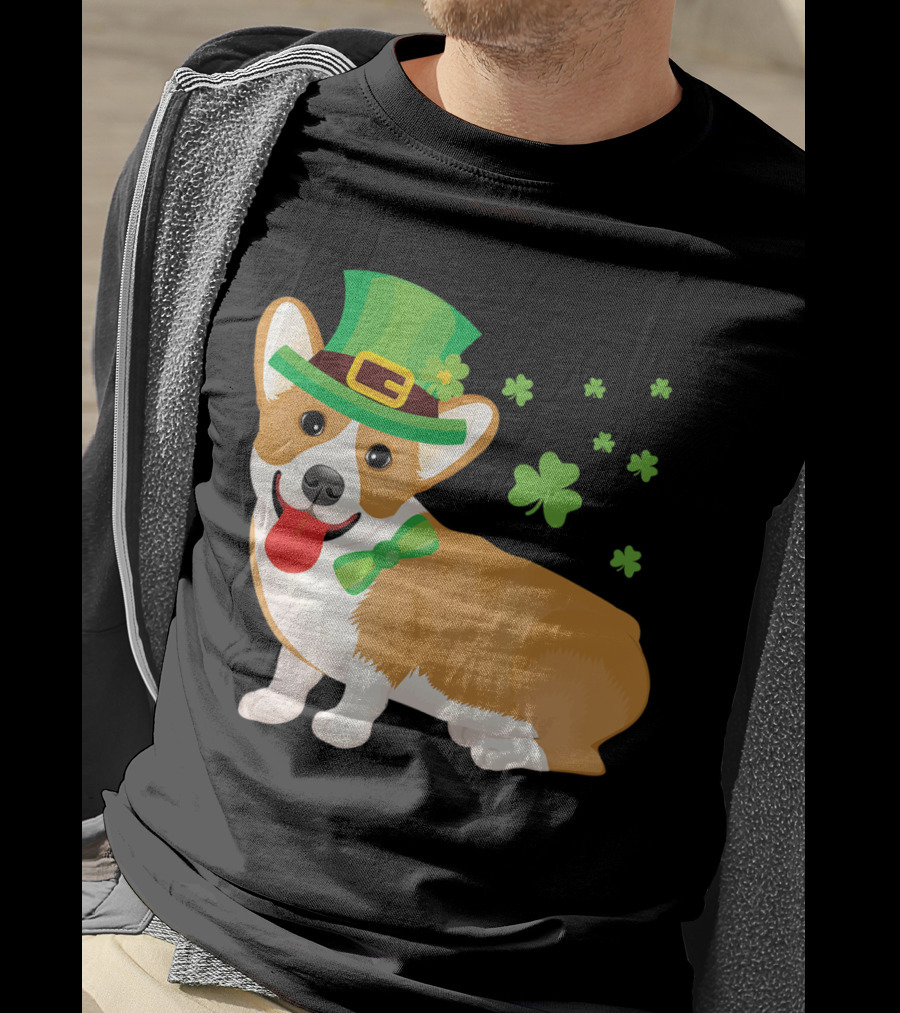 Corgi St Patrick's Day Lucky Shamrocks And Green Leprechaun Hat T-Shirt