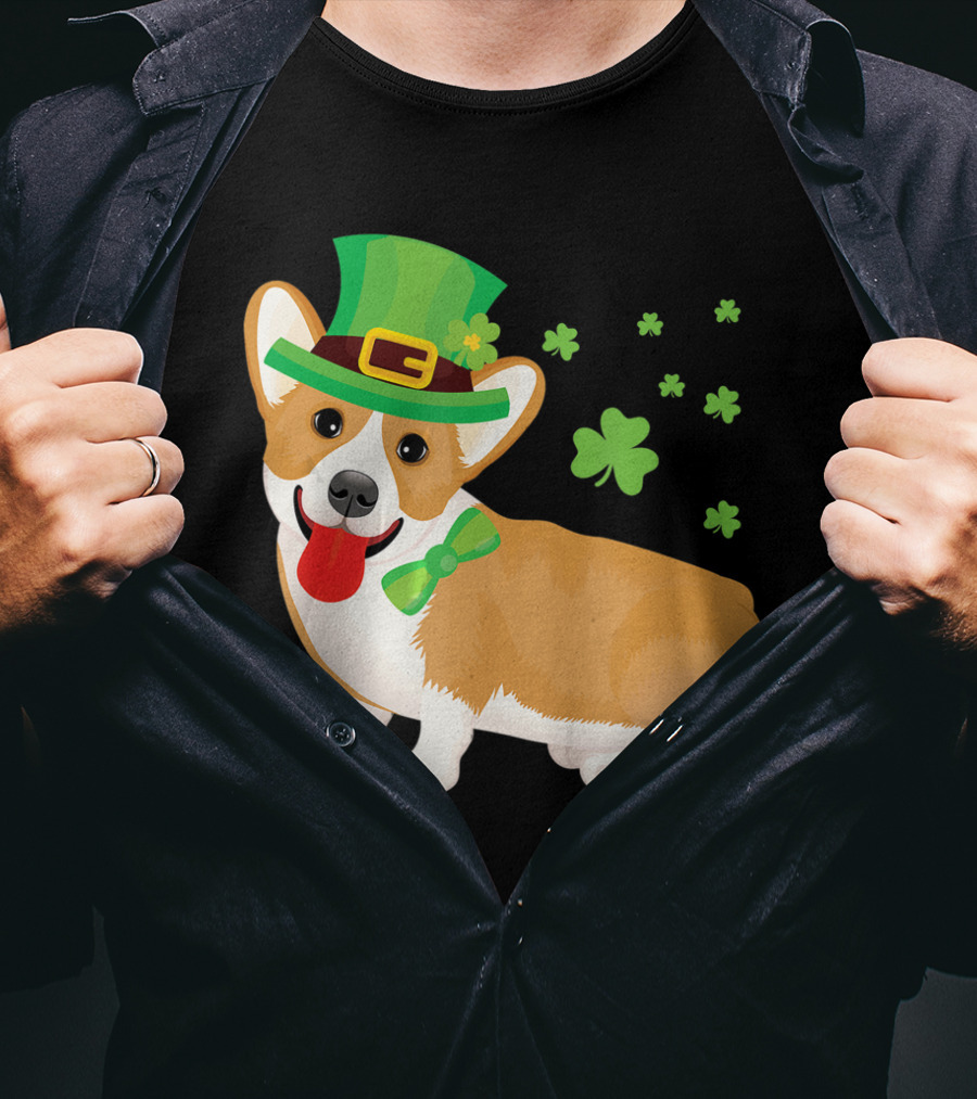 Corgi St Patrick's Day Lucky Shamrocks And Green Leprechaun Hat T-Shirt