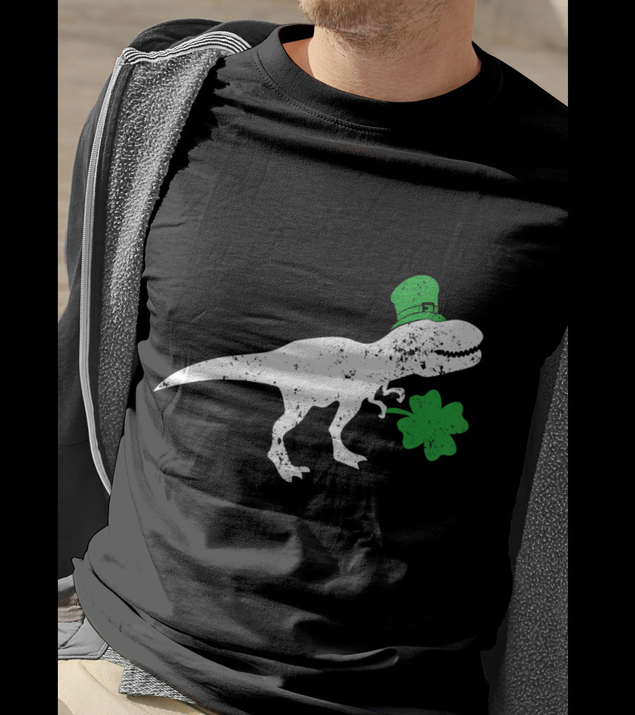 T-Rex Dinosaur With Leprechaun Hat And Shamrock For St Patricks Day T-Shirt