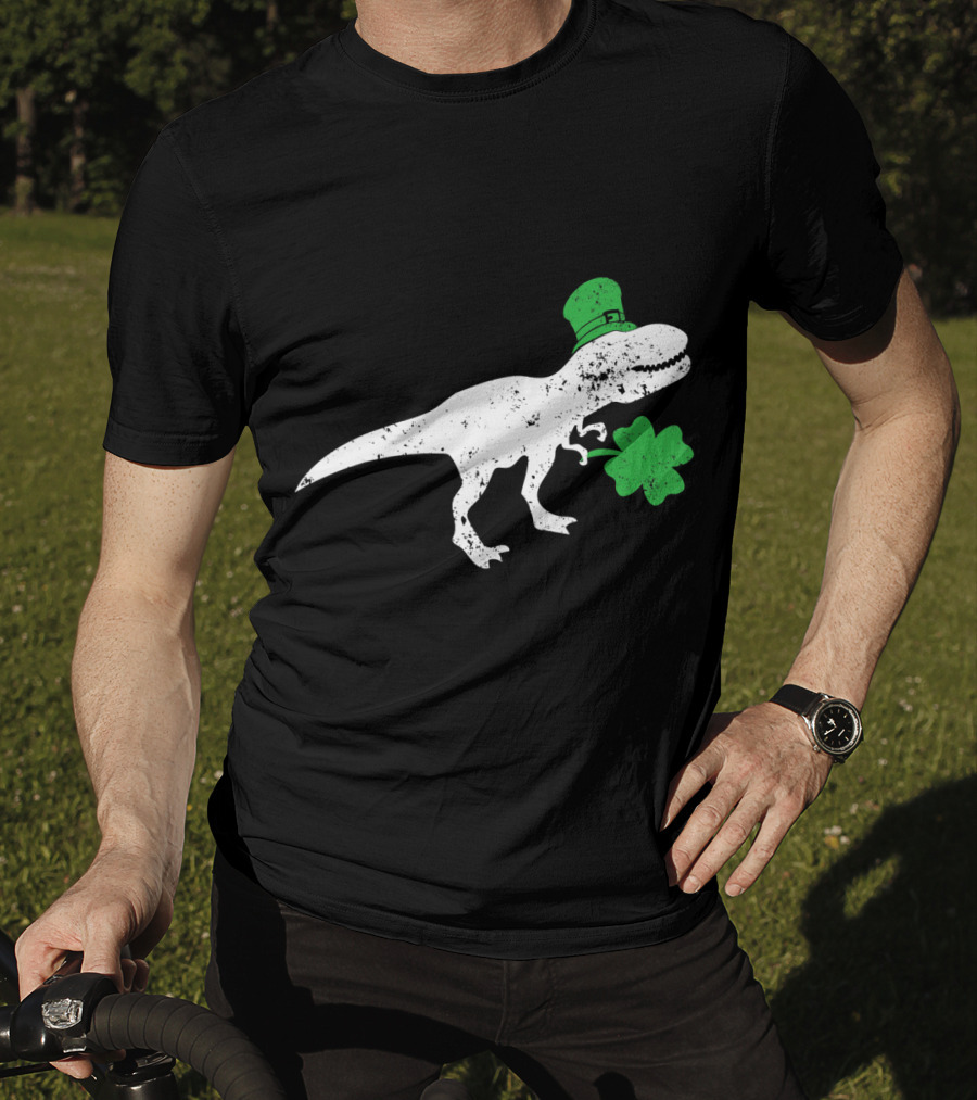 T-Rex Dinosaur With Leprechaun Hat And Shamrock For St Patricks Day T-Shirt