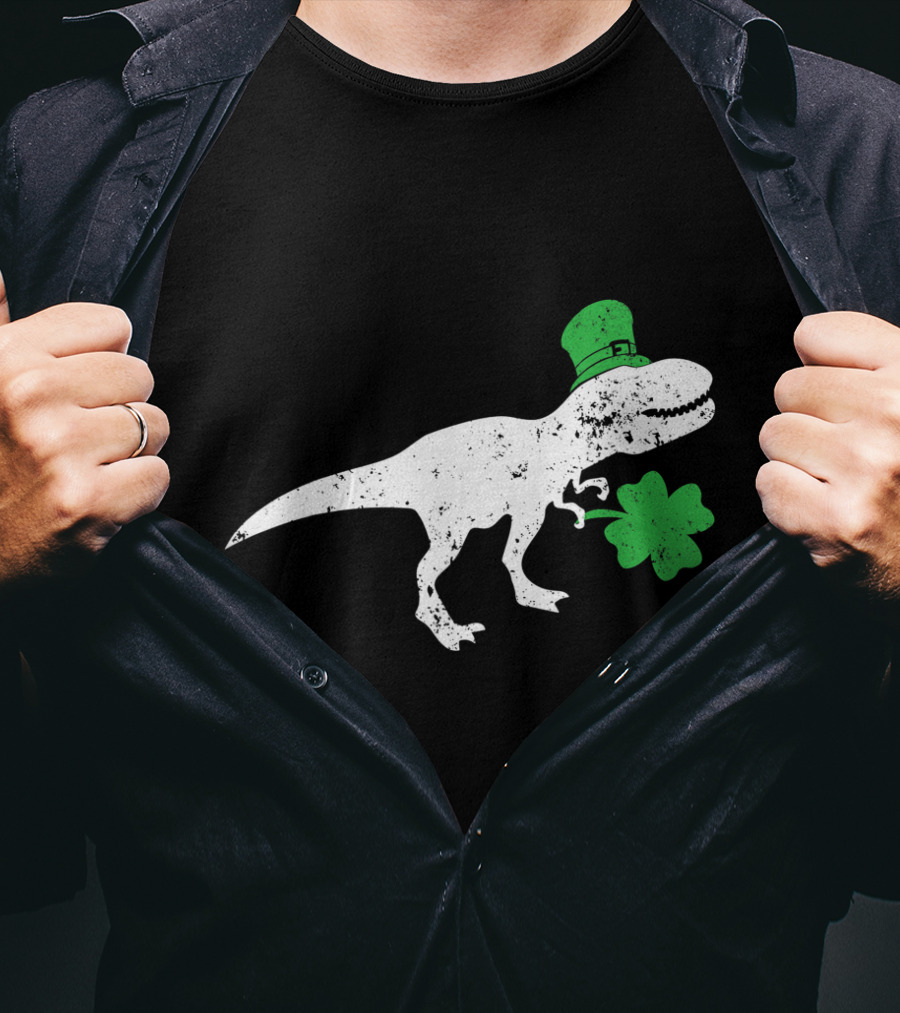 T-Rex Dinosaur With Leprechaun Hat And Shamrock For St Patricks Day T-Shirt