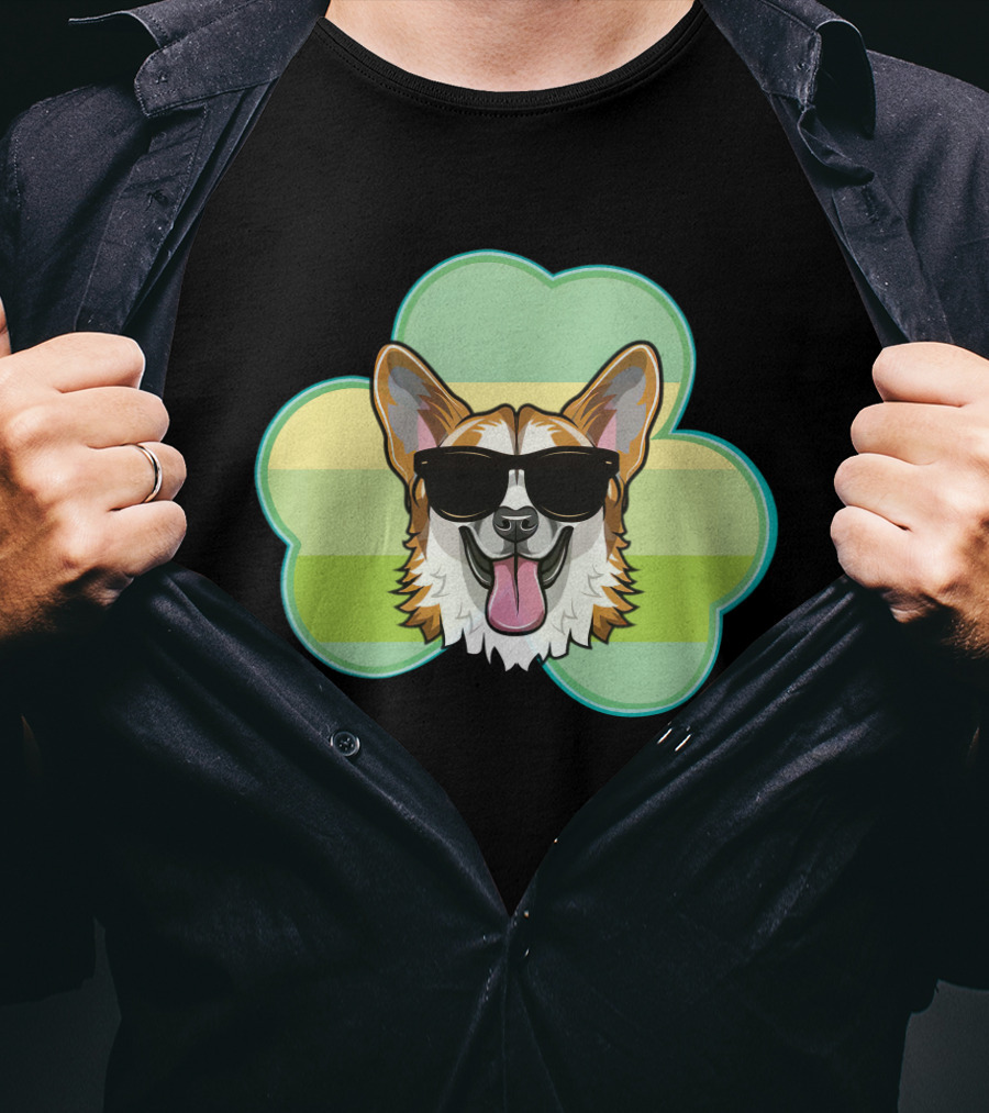 Corgi Shamrock Love With Sunglasses T-Shirt