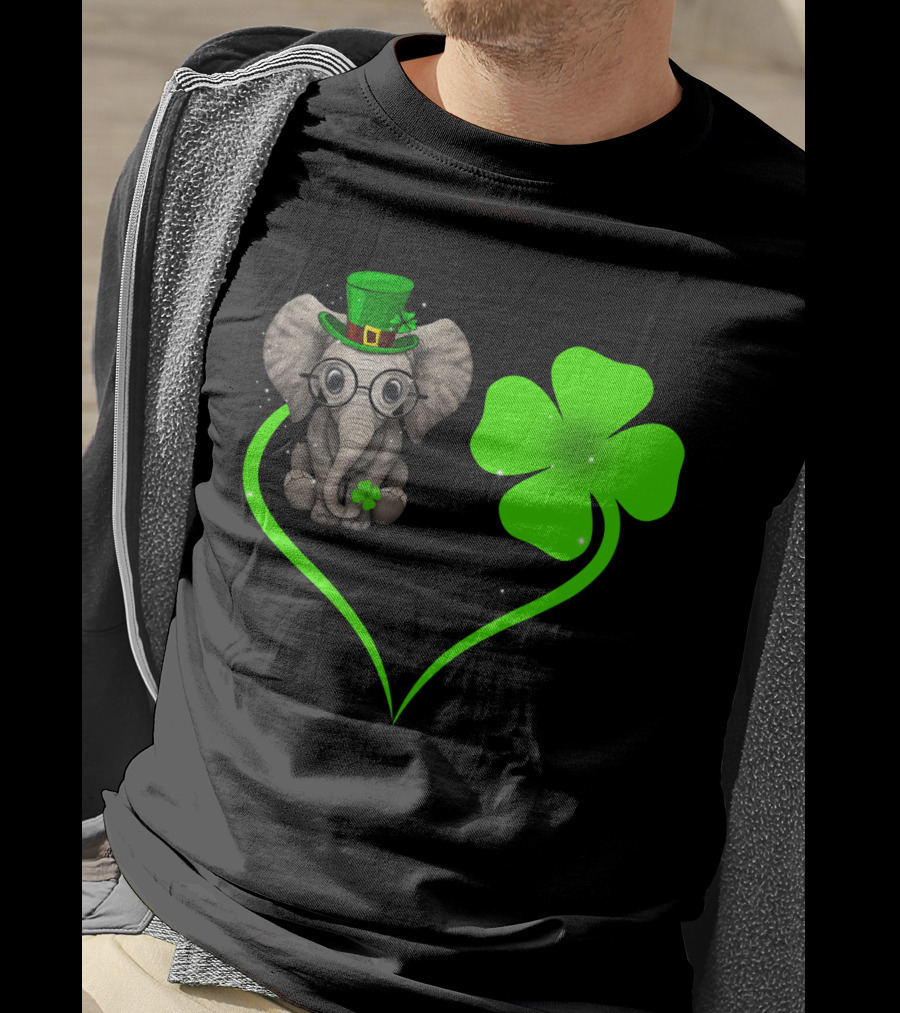 Elephant Wearing St. Patrick's Day Hat With Four-Leaf Clover And Heart-Shaped Shamrock Love T-Shirt
