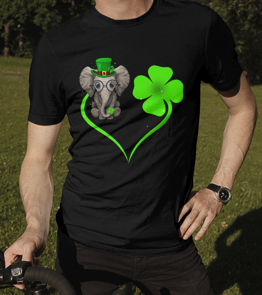 Elephant Wearing St. Patrick's Day Hat With Four-Leaf Clover And Heart-Shaped Shamrock Love T-Shirt