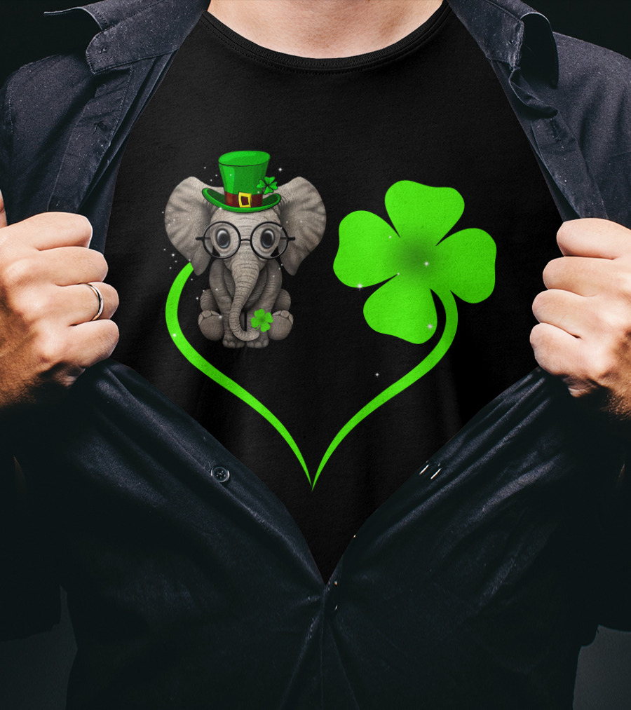 Elephant Wearing St. Patrick's Day Hat With Four-Leaf Clover And Heart-Shaped Shamrock Love T-Shirt