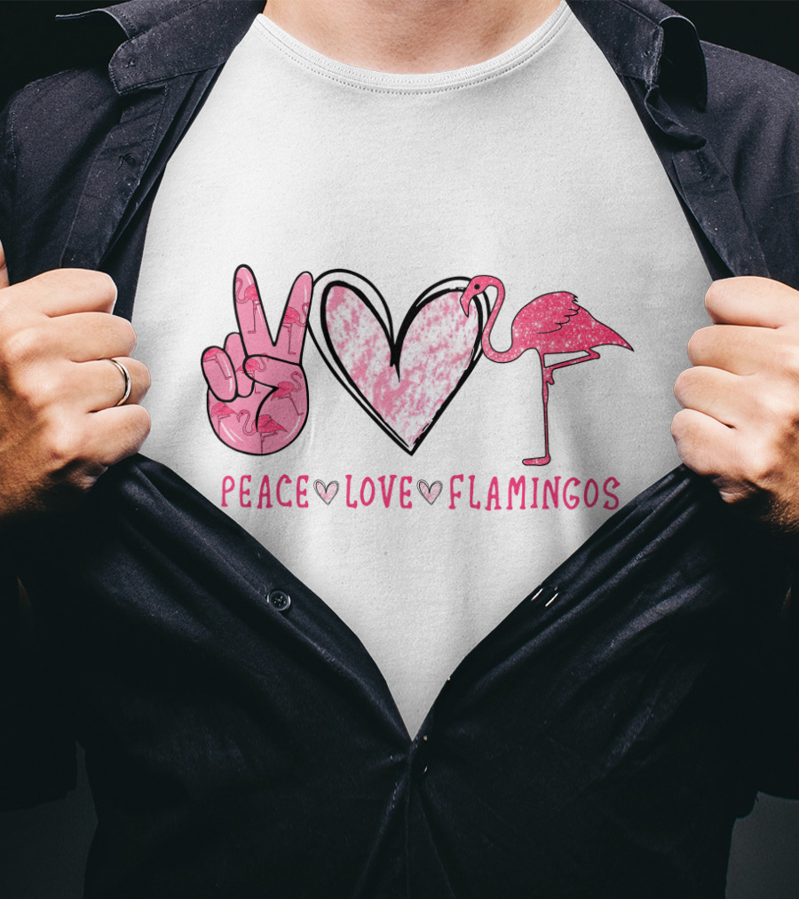 Peace Love Flamingos Pink Heart And Flamingo T-Shirt
