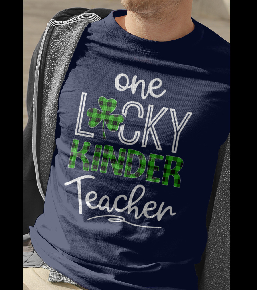 One Lucky Kinder Teacher Shamrock Plaid T-Shirt