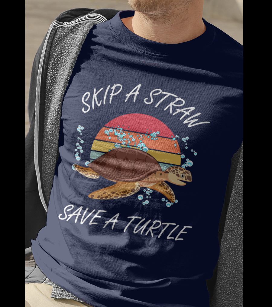 Skip A Straw Save A Turtle Retro Sunset Ocean T-Shirt