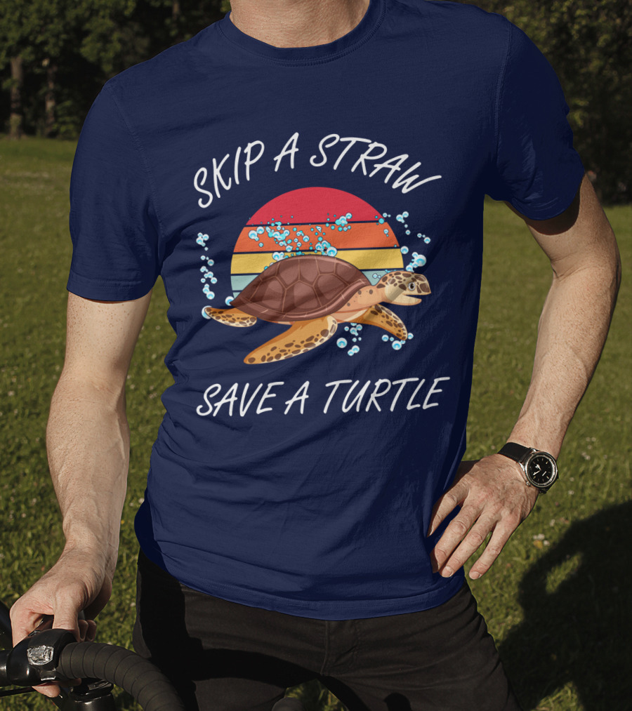 Skip A Straw Save A Turtle Retro Sunset Ocean T-Shirt