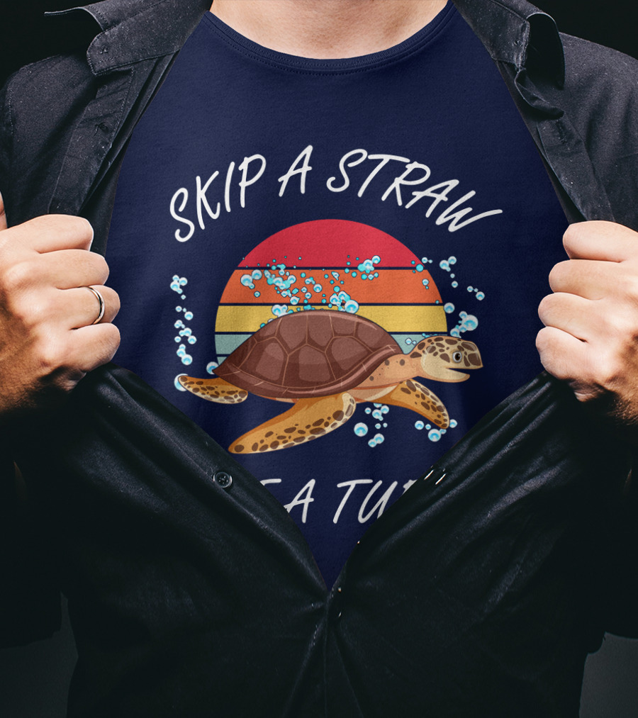 Skip A Straw Save A Turtle Retro Sunset Ocean T-Shirt