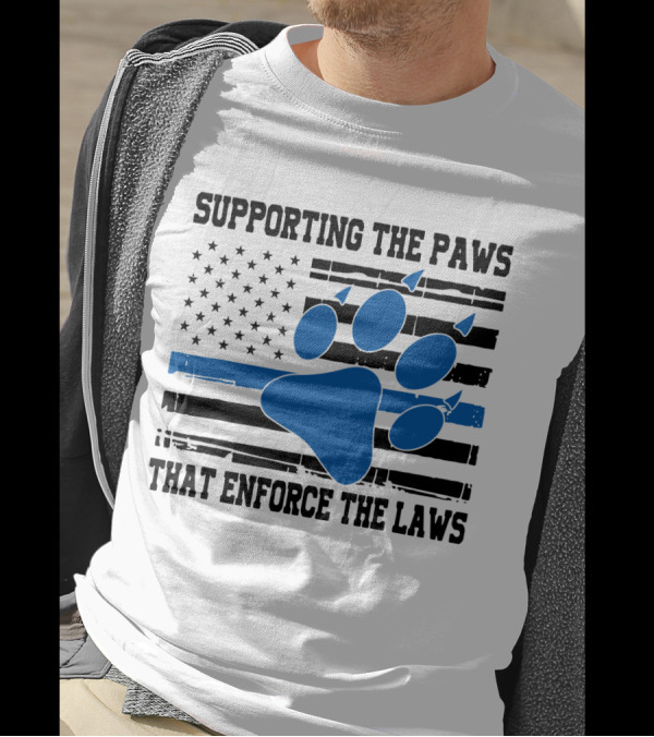 Supporting The Paws That Enforce The Laws American Flag Blue Paw Prints T-Shirt