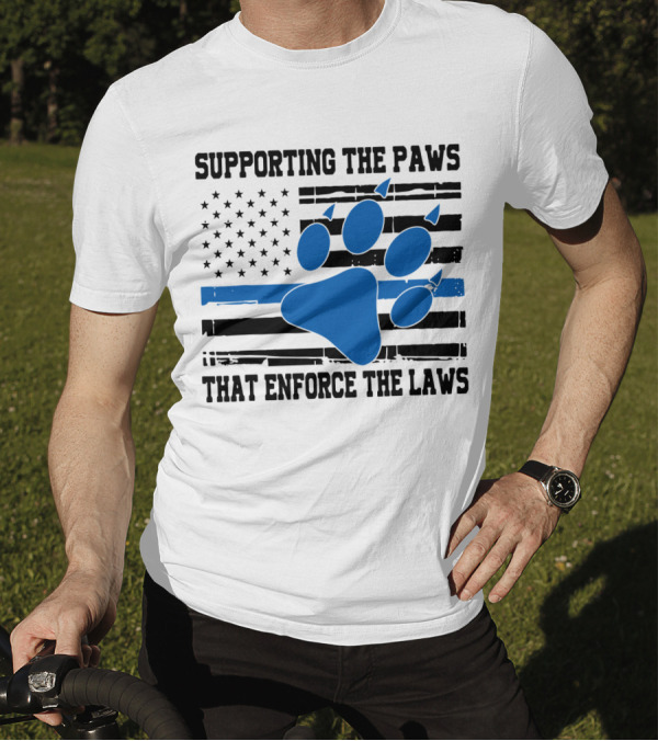 Supporting The Paws That Enforce The Laws American Flag Blue Paw Prints T-Shirt
