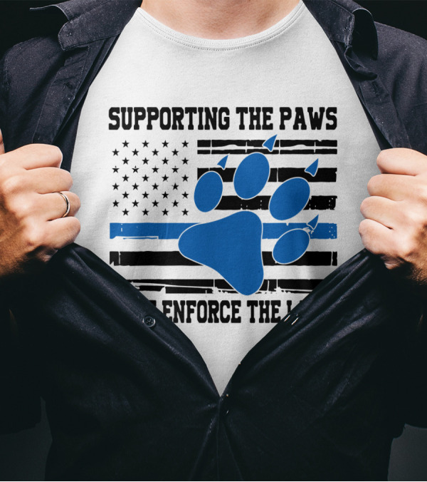 Supporting The Paws That Enforce The Laws American Flag Blue Paw Prints T-Shirt