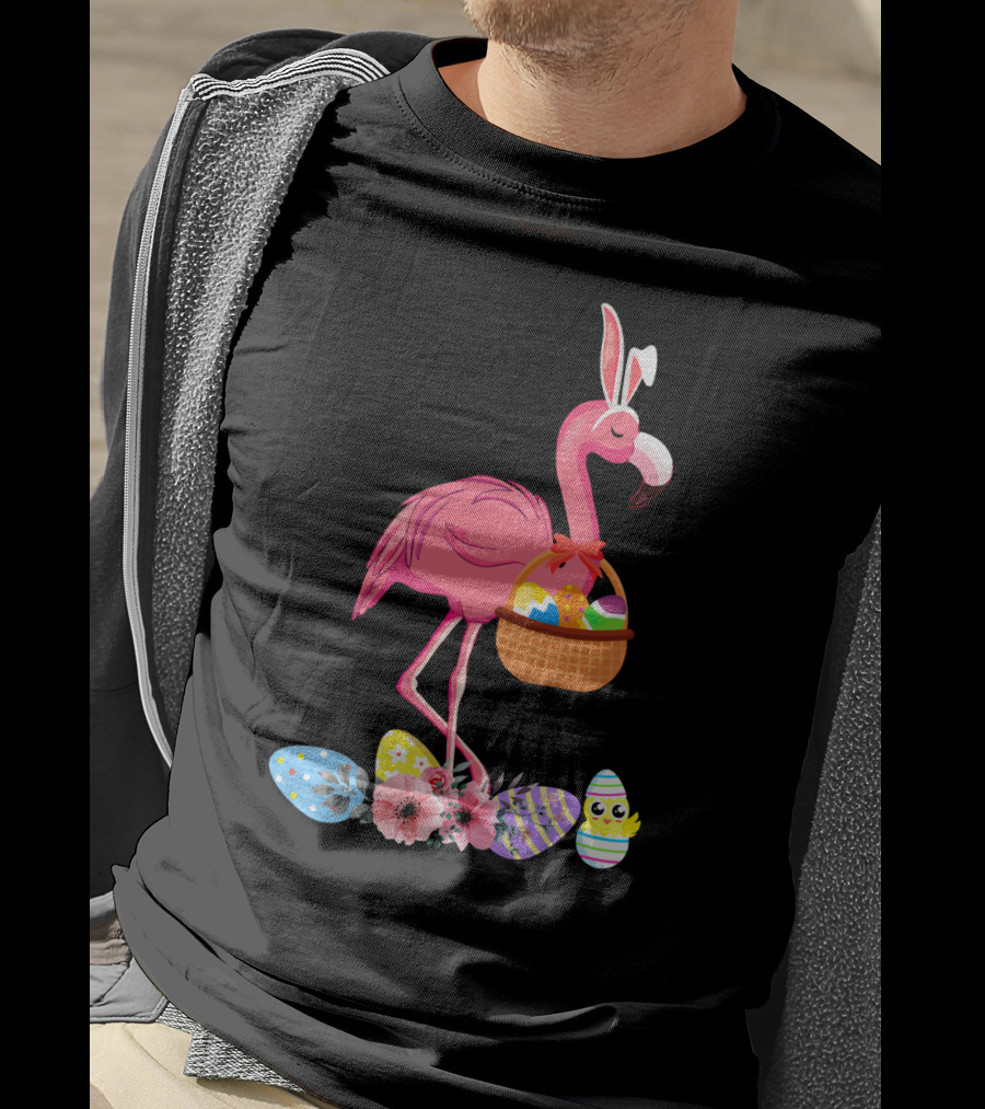 Flamingo With Easter Basket And Colorful Eggs T-Shirt