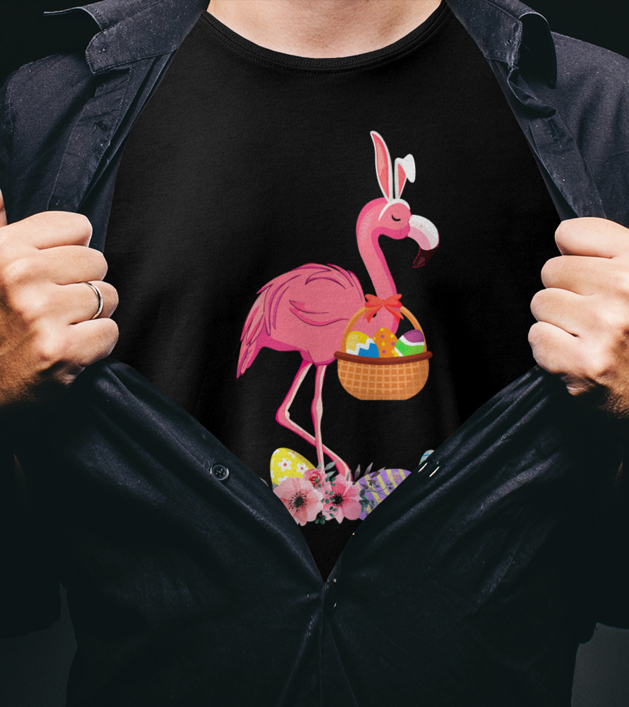 Flamingo With Easter Basket And Colorful Eggs T-Shirt