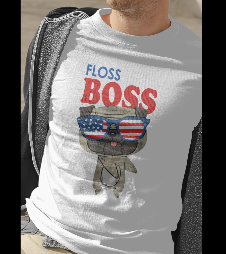 Floss Like A Boss Bulldog With American Flag Sunglasses T-Shirt
