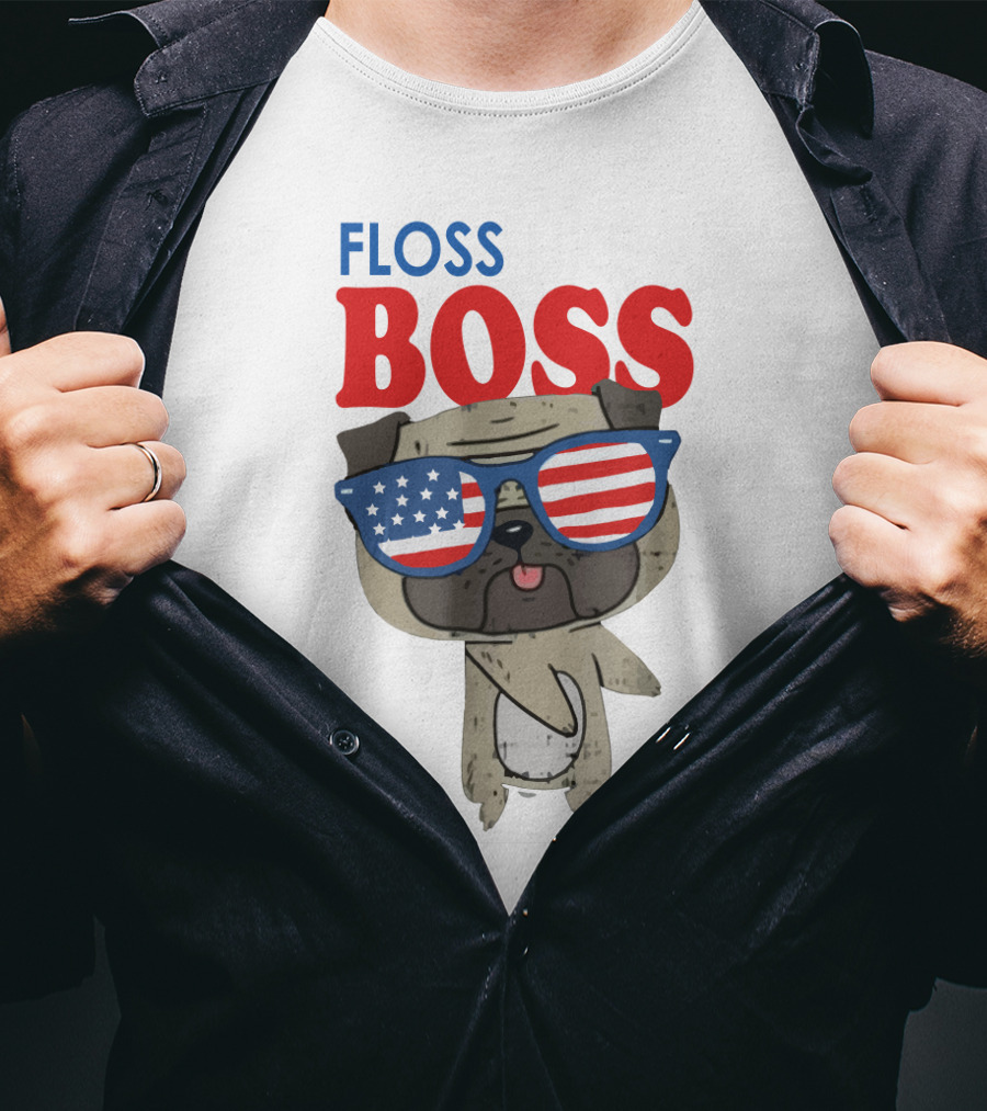 Floss Like A Boss Bulldog With American Flag Sunglasses T-Shirt