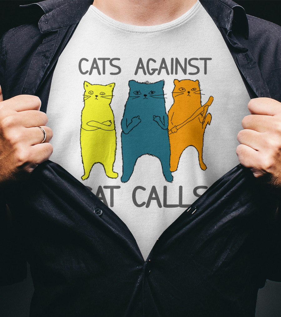 CATS AGAINST CAT CALLS Three Colorful Cats United Stance T-Shirt