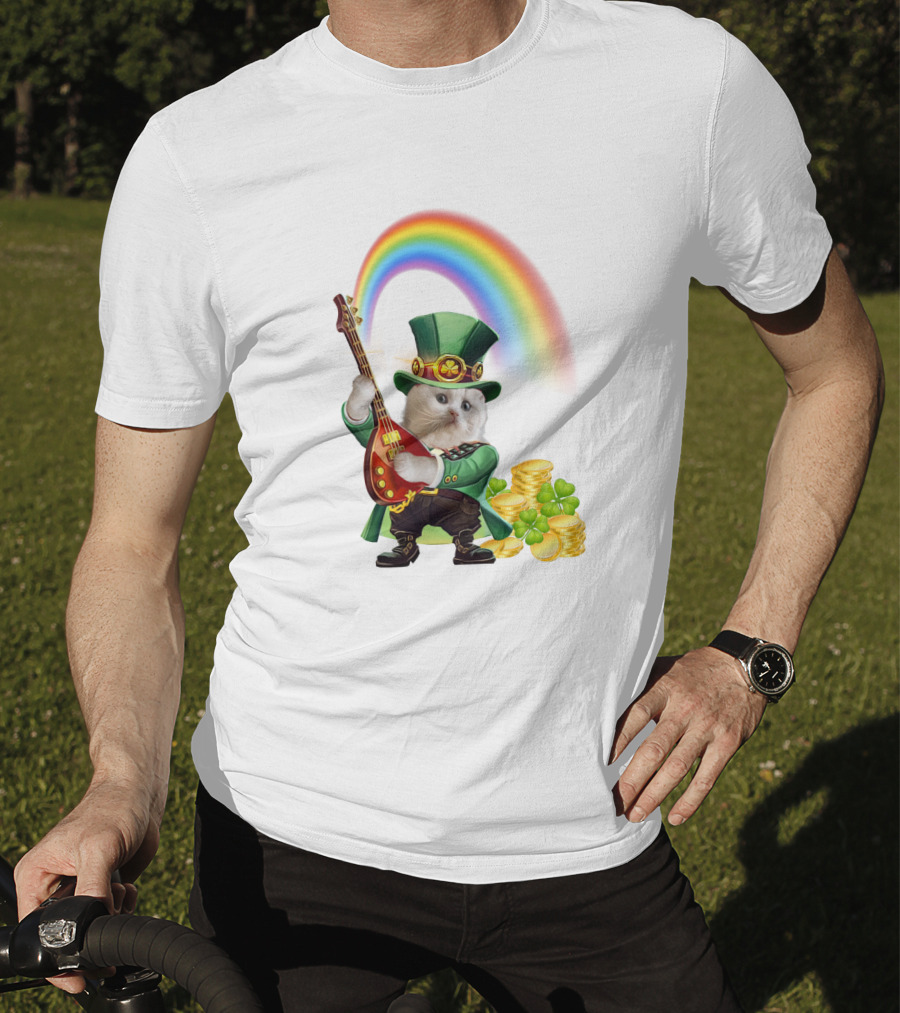 Cat Playing Guitar In Leprechaun Outfit With Rainbow And Gold Coins T-Shirt