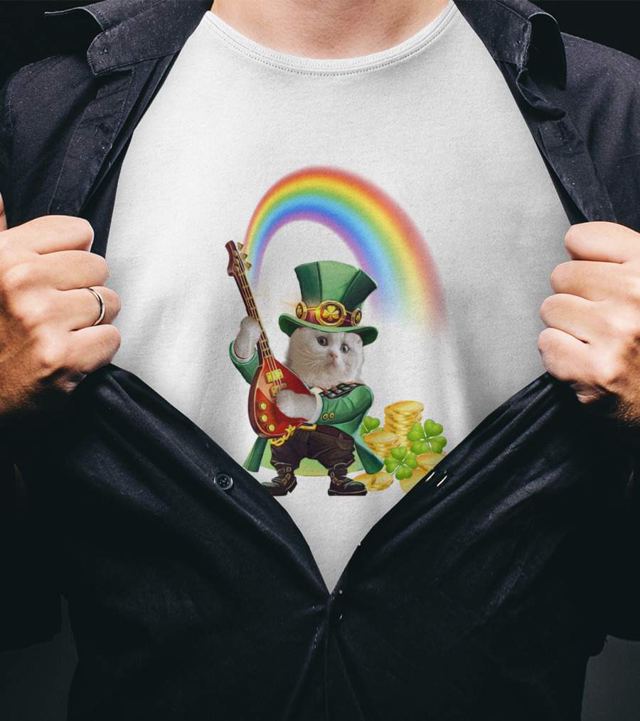Cat Playing Guitar In Leprechaun Outfit With Rainbow And Gold Coins T-Shirt