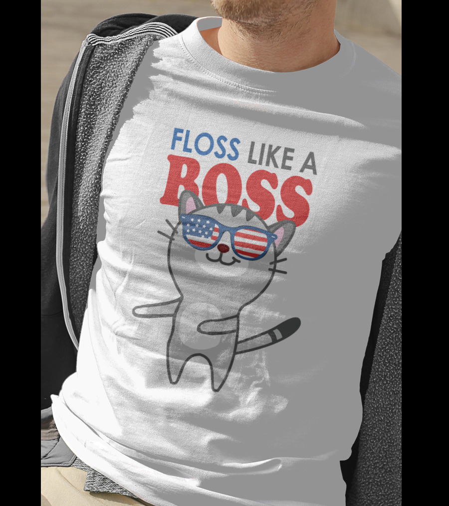 Floss Like A Boss Cat With American Flag Sunglasses T-Shirt
