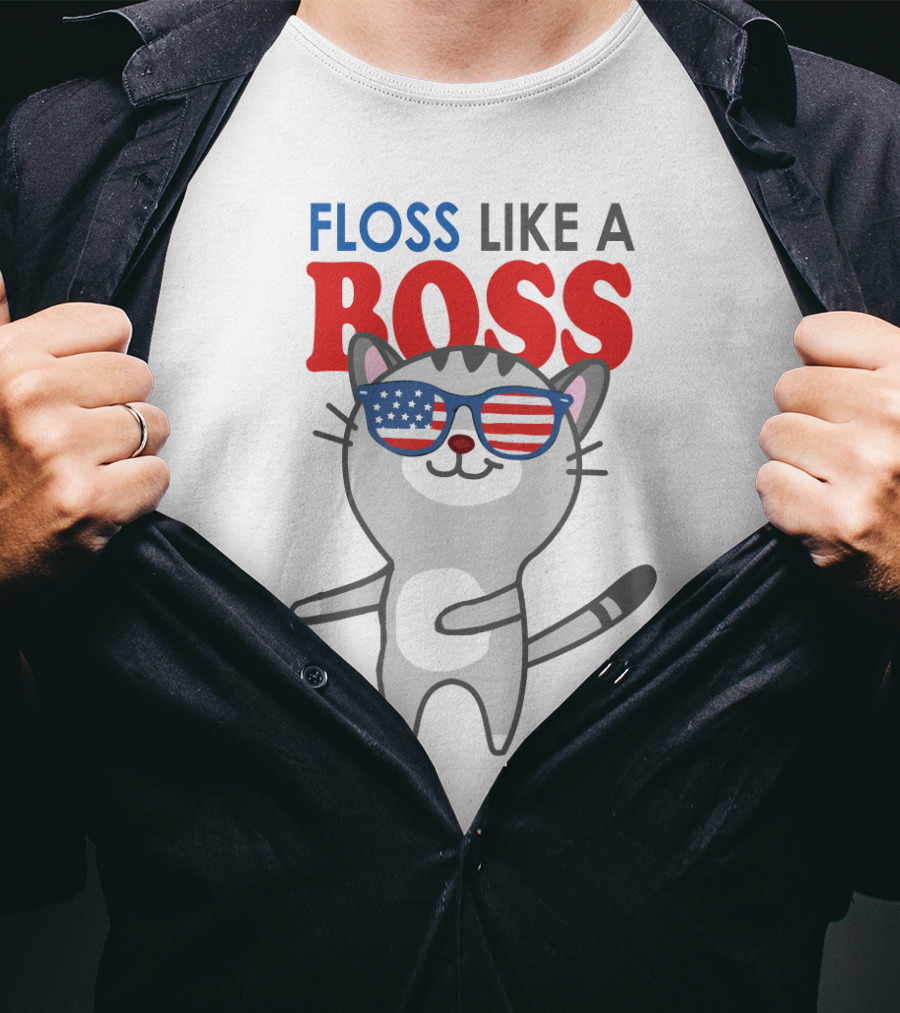 Floss Like A Boss Cat With American Flag Sunglasses T-Shirt