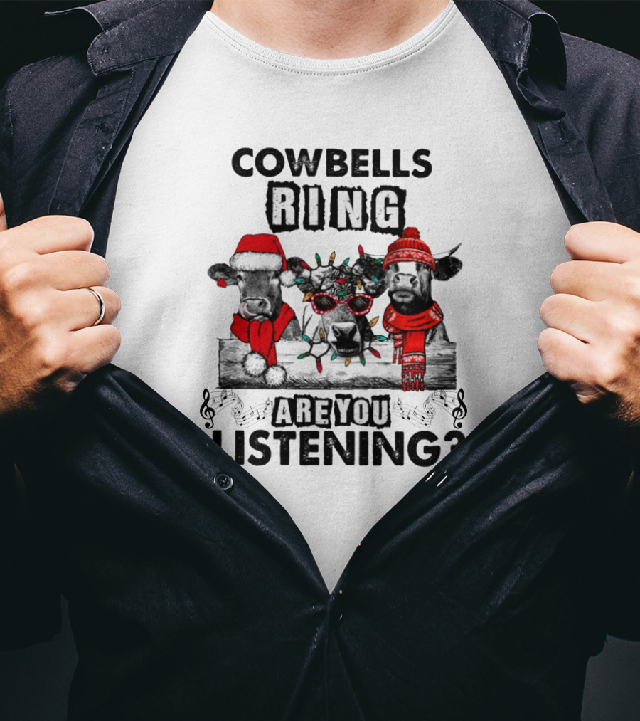 Cowbells Ring Are You Listening Christmas Cows In Festive Hats And Lights T-Shirt
