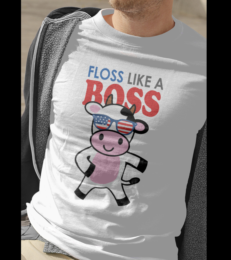 Floss Like A Boss Cow With American Flag Sunglasses T-Shirt