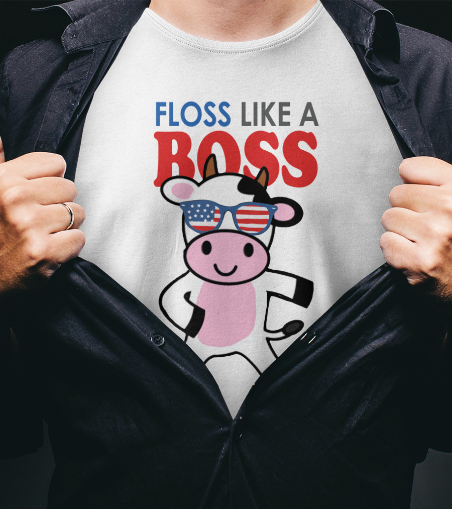 Floss Like A Boss Cow With American Flag Sunglasses T-Shirt