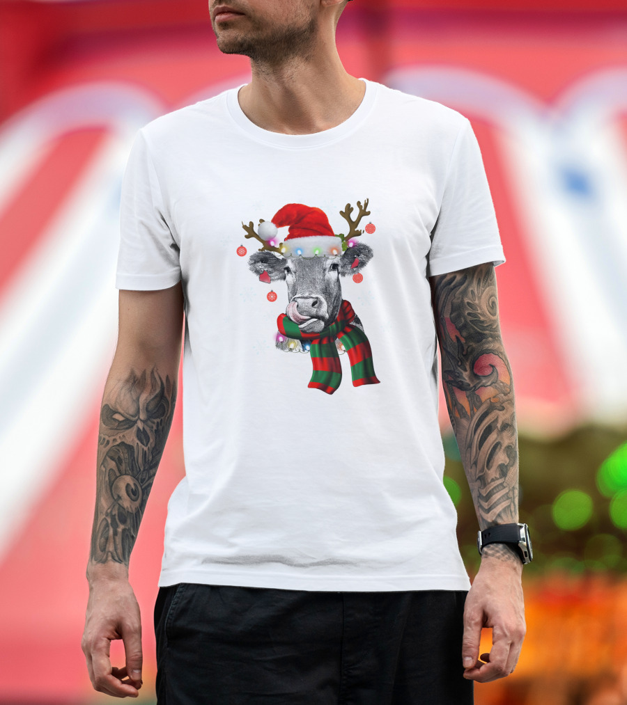 Cows Reindeer Santa Claus Christmas Lights Scarf Antlers Snowflakes Ornaments T-Shirt