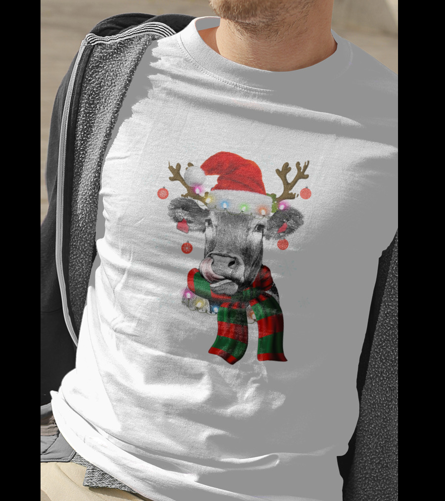 Cows Reindeer Santa Claus Christmas Lights Scarf Antlers Snowflakes Ornaments T-Shirt