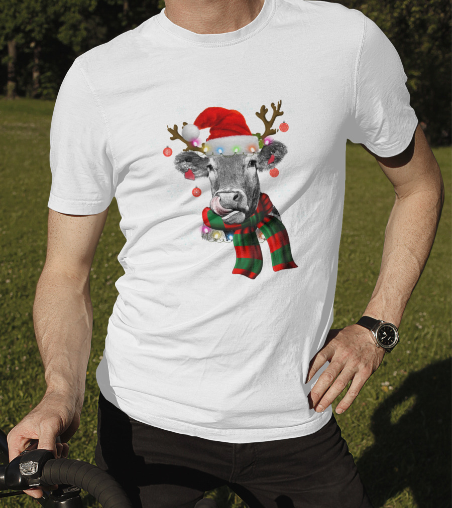 Cows Reindeer Santa Claus Christmas Lights Scarf Antlers Snowflakes Ornaments T-Shirt