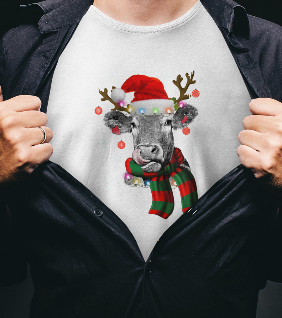Cows Reindeer Santa Claus Christmas Lights Scarf Antlers Snowflakes Ornaments T-Shirt
