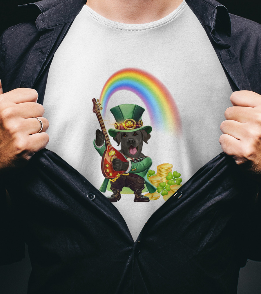 Dog Rocking Irish Luck Rainbow Guitar T-Shirt