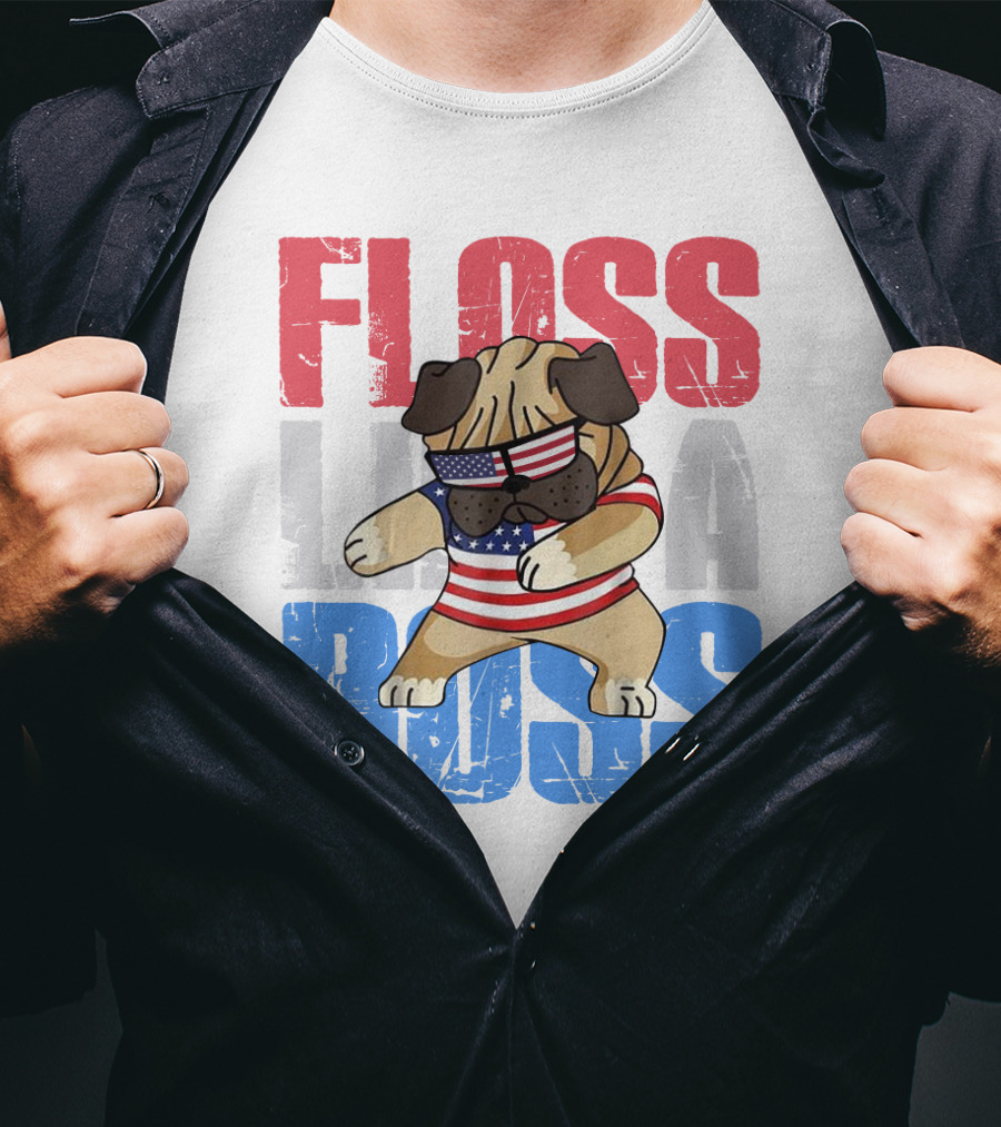 Floss Like A Boss American Flag Bulldog With Sunglasses T-Shirt