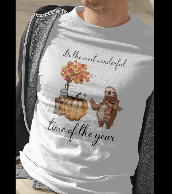 It's The Most Wonderful Time Of The Year Sloths Pumpkin Coffee Leaves Fall T-Shirt