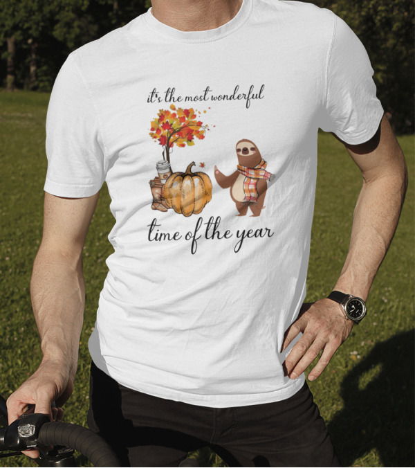 It's The Most Wonderful Time Of The Year Sloths Pumpkin Coffee Leaves Fall T-Shirt
