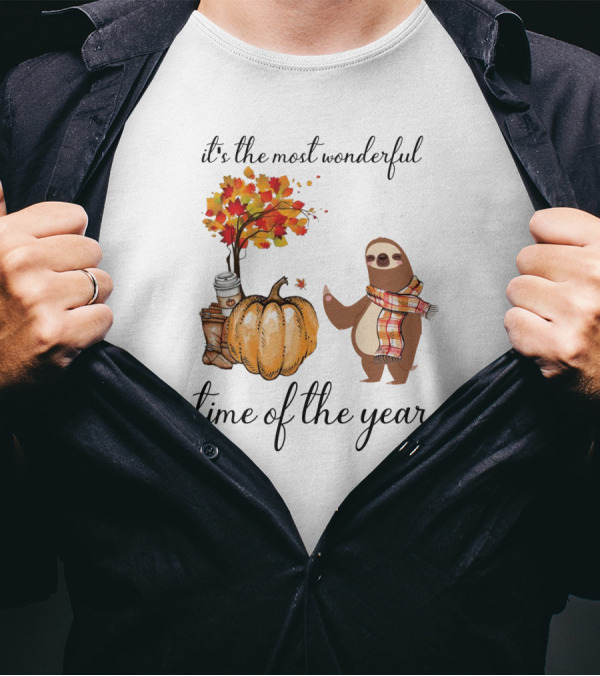 It's The Most Wonderful Time Of The Year Sloths Pumpkin Coffee Leaves Fall T-Shirt