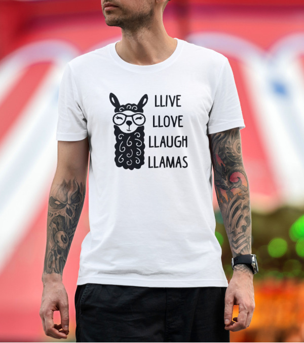 Premium T-Shirt: Llive Llove Llaugh Llamas with Adorable Glasses-Wearing Llama T-Shirt Llive Llove Llaugh Llamas with Adorable Glasses-Wearing Llama T-Shirt