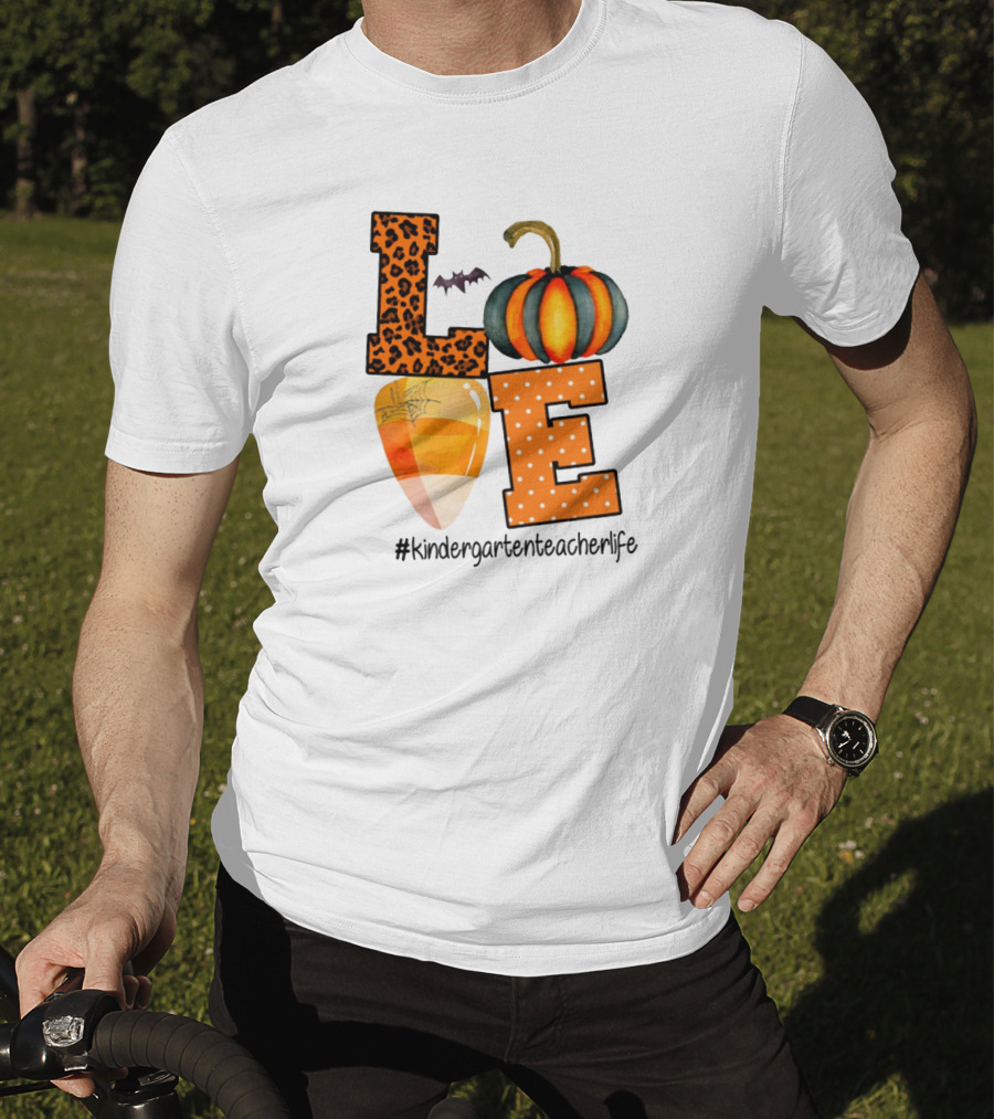 Love Kindergarten Teacher Life Halloween Pumpkin Candy Corn Leopard Print T-Shirt