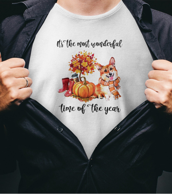 It's The Most Wonderful Time Of The Year Corgi Dog Autumn Leaves Scarf Pumpkins And Boots T-Shirt