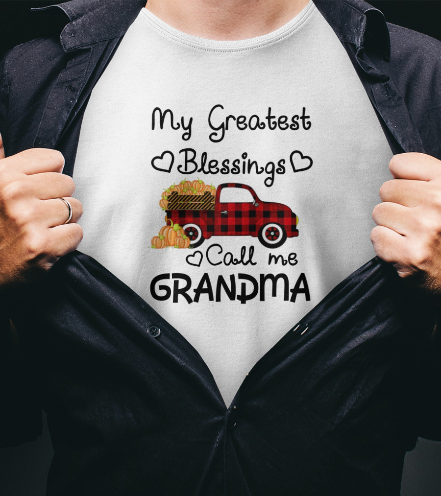 My Greatest Blessings Call Me Grandma Red Plaid Truck With Pumpkins T-Shirt