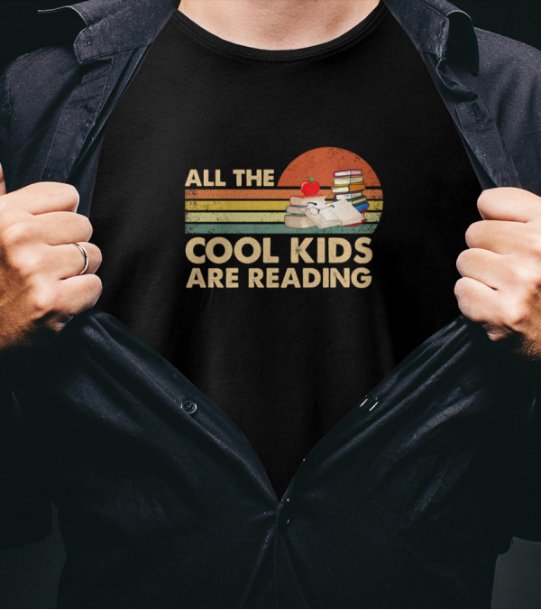 All The Cool Kids Are Reading Books Stack And Apple T-Shirt