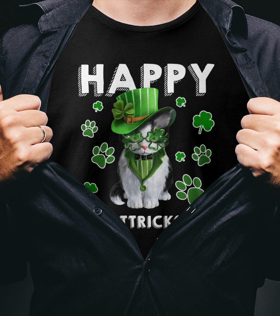 Happy St Cattrick's Day Funny Cats Shamrock T-Shirt