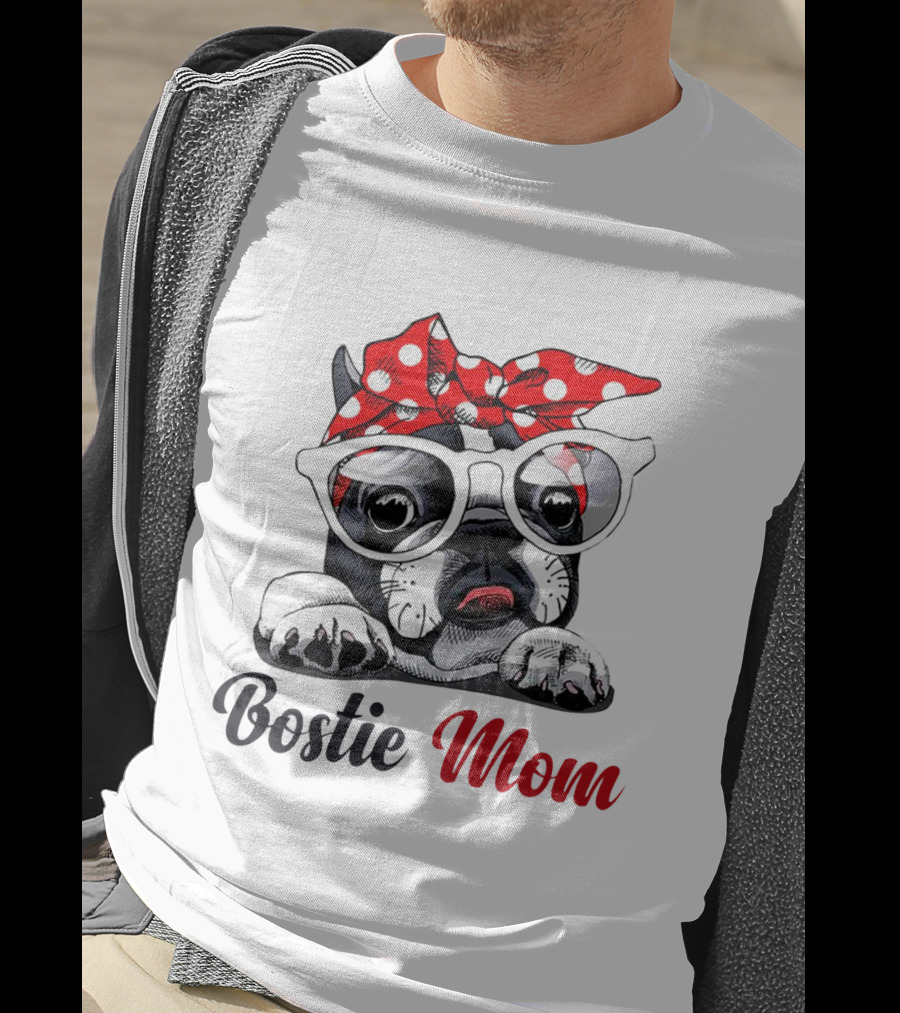 Bostie Mom Glasses And Red Polka Dot Headband Dog T-Shirt